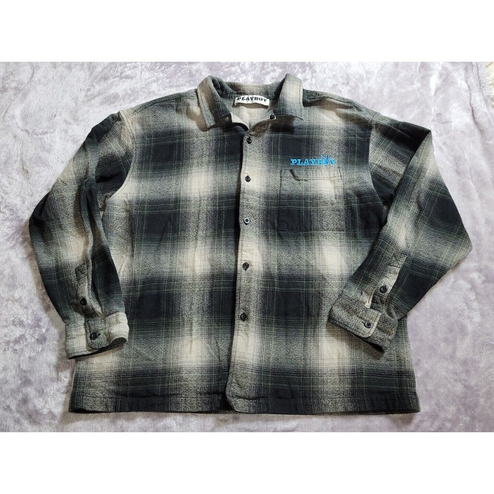 Playboy By Pacsun Flannel Shirt Mens XL Black Gray Plaid Button Up Long Sleeve